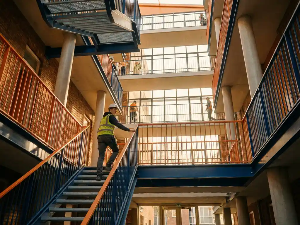 Jonge bouwprofessional in veiligheidskleding beklimt moderne stalen trap in licht sociaal woningbouwproject met Nederlandse bakstenen details