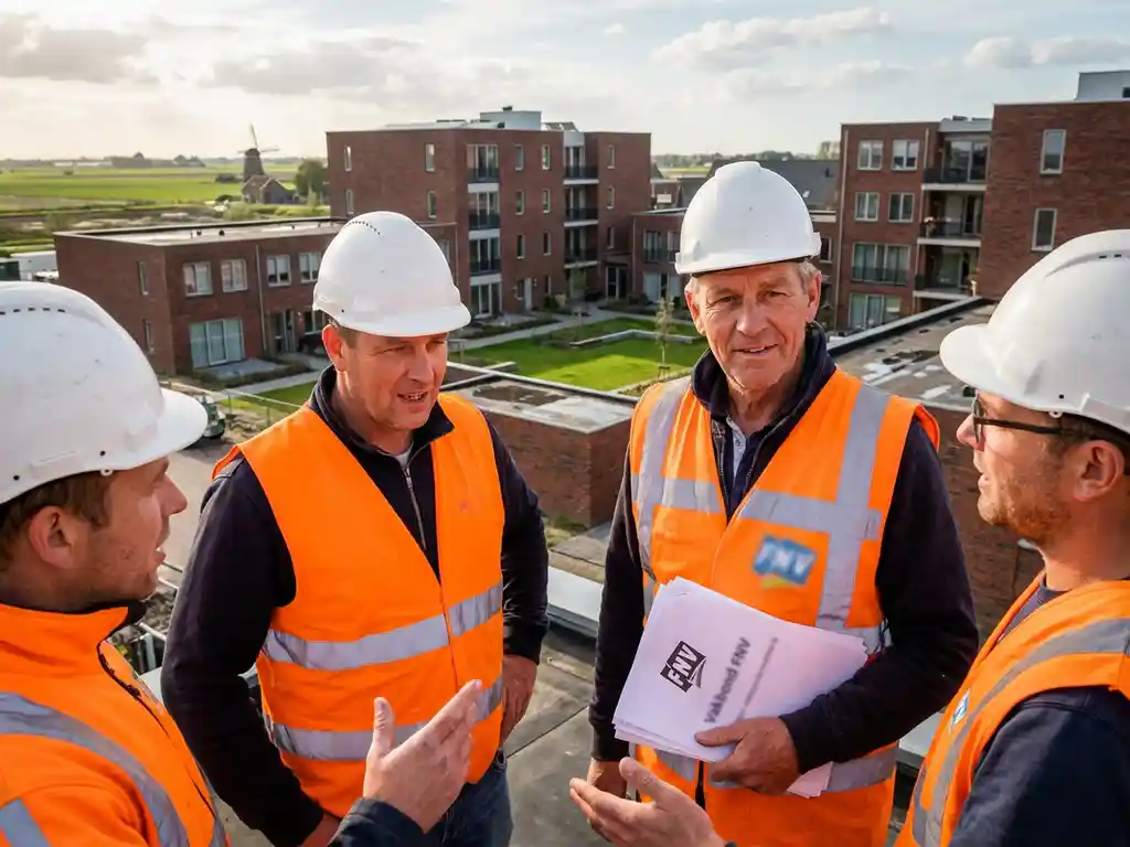 Bouwvakker in oranje veiligheidsvest en witte helm houdt vakbondsdocumenten vast op Nederlandse bouwplaats met sociale woningbouw