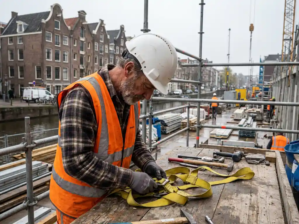 Bouwvakker in oranje veiligheidsvest past gele veiligheidsharnas aan op Nederlandse bouwplaats met traditionele bakstenen gebouwen