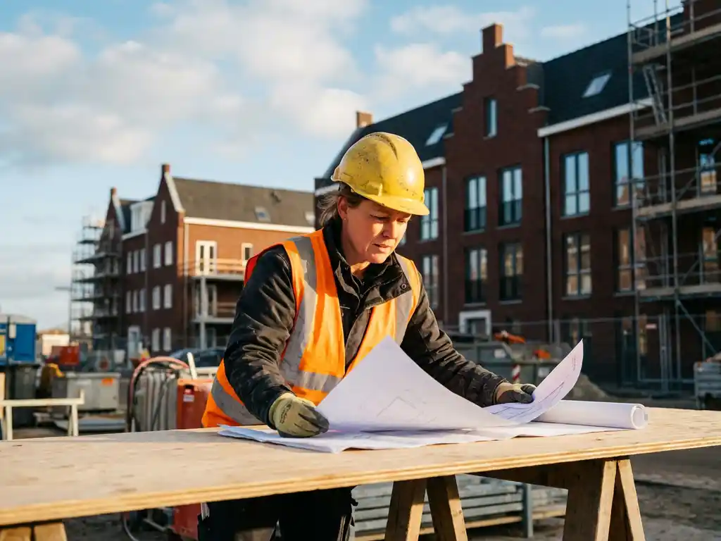 Vrouwelijke bouwvakker in gele helm bestudeert blauwdrukken op Nederlandse bouwplaats met bakstenen appartementen op achtergrond