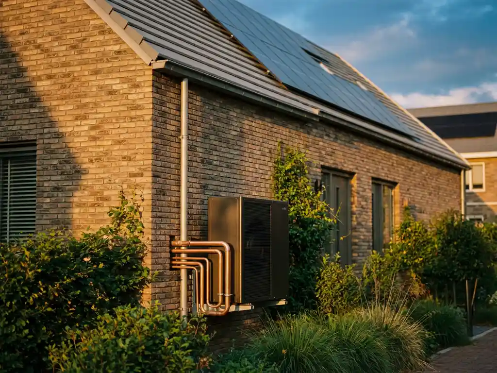 Moderne warmtepomp met koperen leidingen gemonteerd op bakstenen gevel van Nederlands sociale woningbouw, omringd door groen