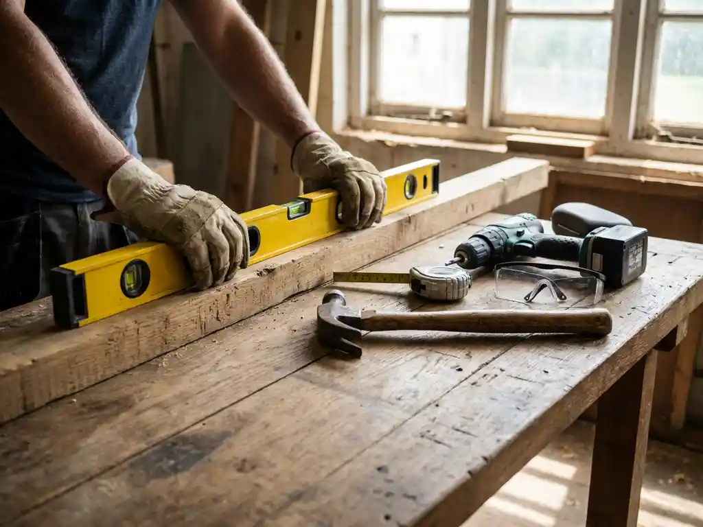 Bouwvakker houdt gele waterpas vast terwijl hij houten balk meet op werkbank vol professionele gereedschappen