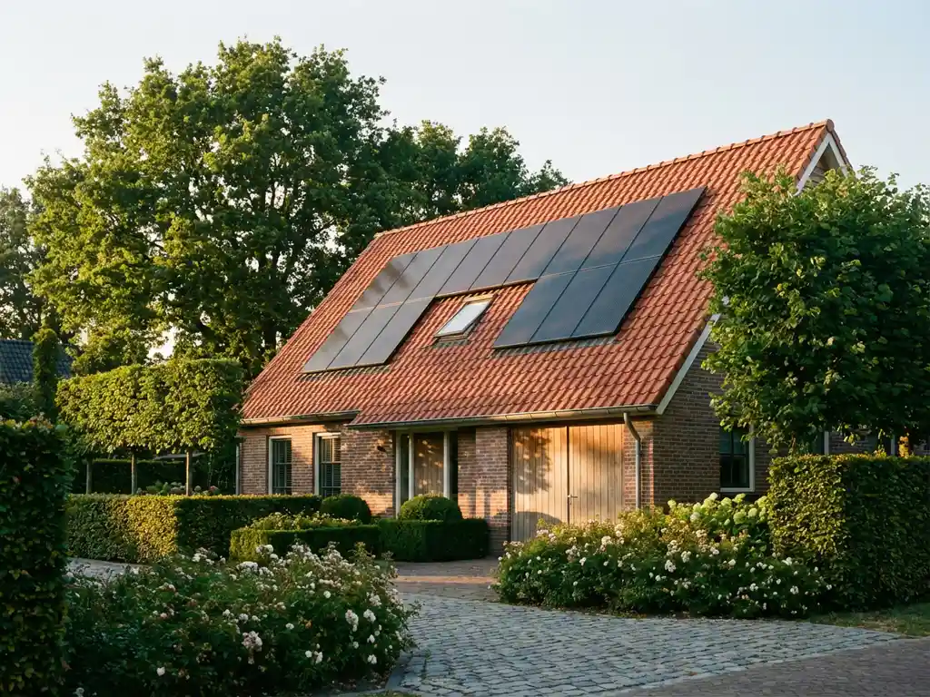 Moderne woning met zwarte zonnepanelen geïntegreerd in rood pannendak, omgeven door groene bomen in Nederlandse buurt