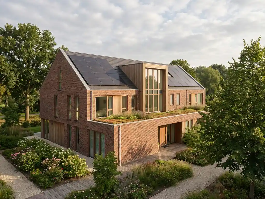 Modern Nederlands woongebouw met zonnepanelen en groendak, omringd door volwassen bomen en aangelegde tuinen