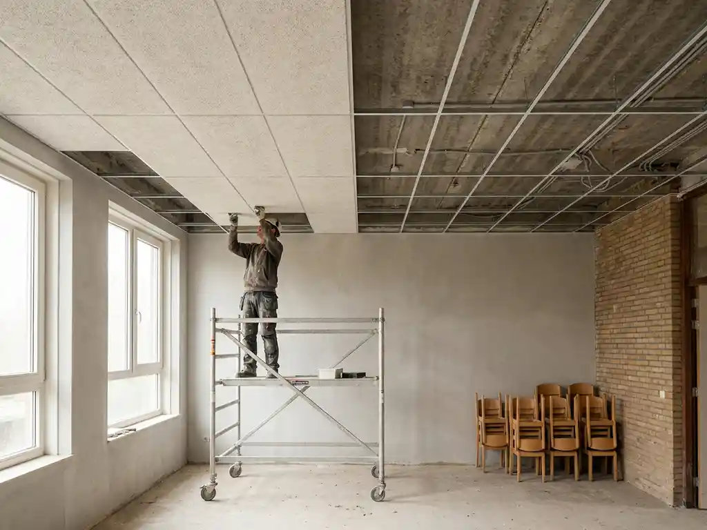 Akoestische plafondpanelen worden geïnstalleerd in een Nederlandse basisschoolklas, met gestapelde kinderstoelen en groot raam op de achtergrond.