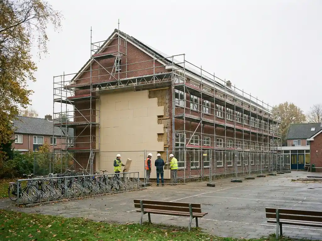 Basisschool in renovatie met steigers op bakstenen gevel, arbeiders inspecteren isolatiepanelen, schoolplein met fietsenrek op voorgrond.