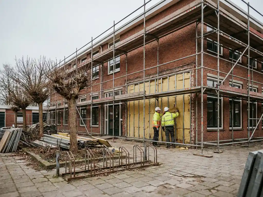 Nederlandstalige basisschool in renovatie met steigers langs rode bakstenen gevel, bouwvakkers inspecteren isolatiepanelen, fietsenrekken op schoolplein.