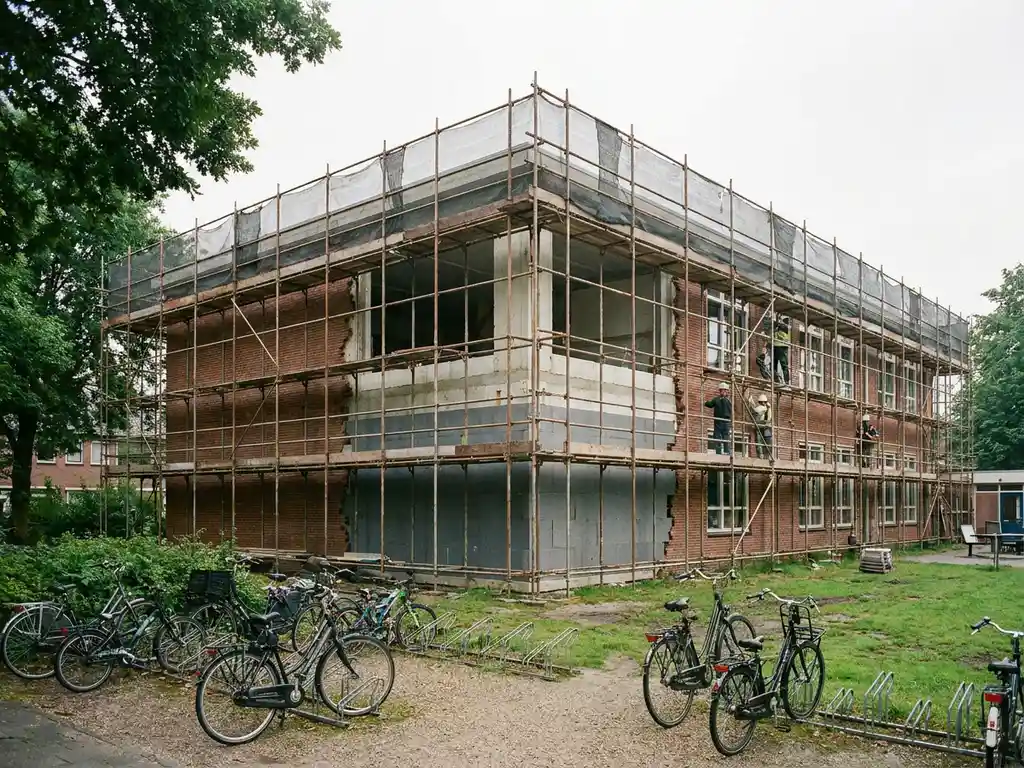 Nederlandse basisschool in renovatie met steigers, gedeeltelijk gestripte bakstenen gevel en nieuwe isolatiepanelen, fietsenrek op schoolplein.