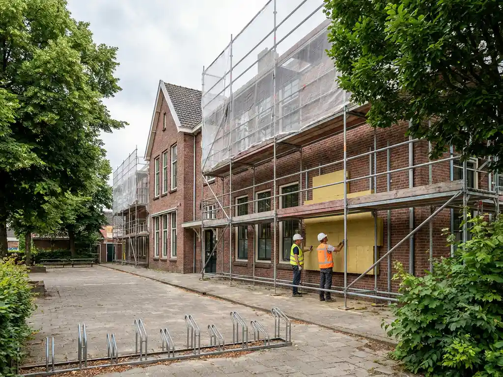 Nederlandstalige basisschool met steigers en isolatiepanelen tijdens zomervakantierenovatie, lege fietsenstalling op speelplaats.