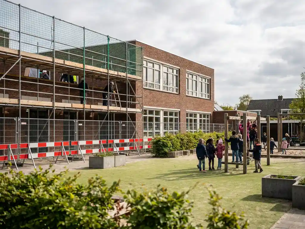 Kinderen spelen op het schoolplein van een Nederlandse basisschool terwijl de gevel wordt gerenoveerd met steigers.