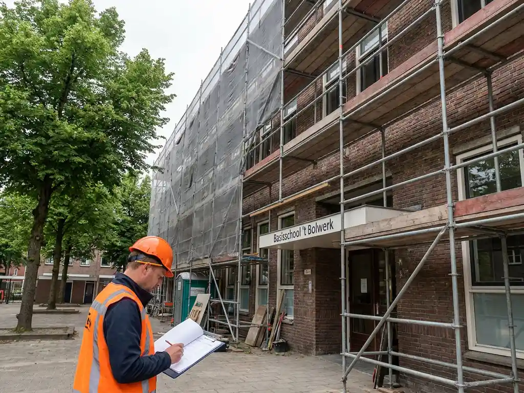 Bouwmanager bekijkt documenten voor een Nederlandse basisschool in renovatie, met steigers rond bakstenen gevel en groene schoolpleinbomen.