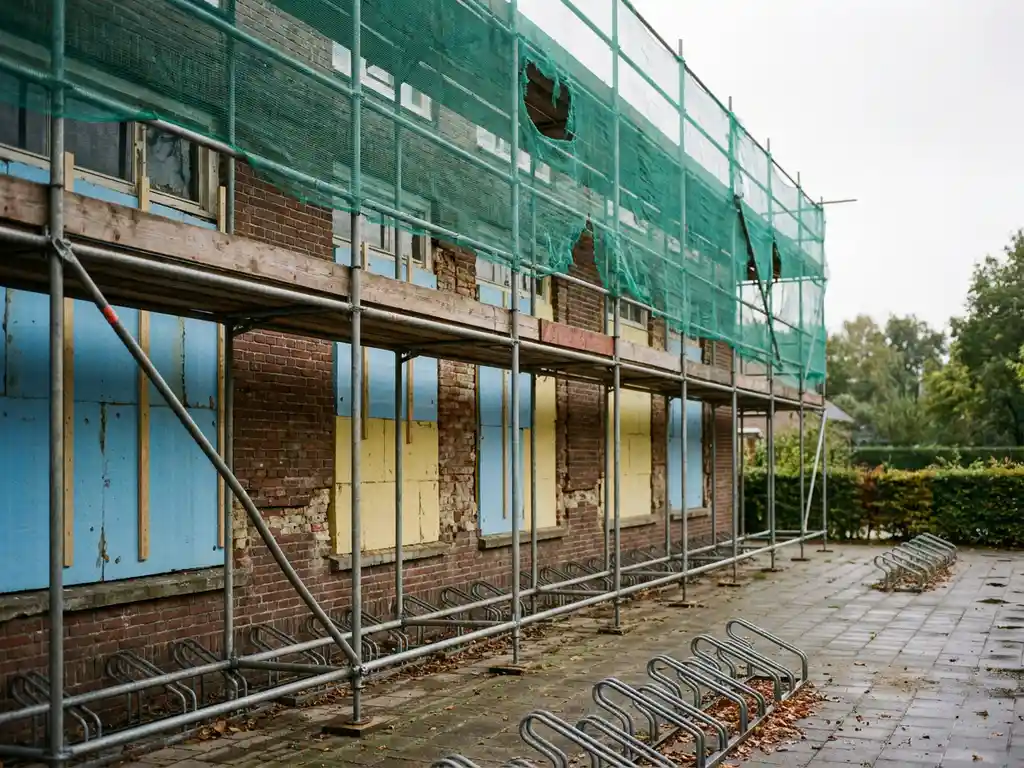 Nederlandstalige basisschool in renovatie met steigers, gedeeltelijk geïnstalleerde isolatiepanelen op bakstenen gevel en fietsenrekken op betonnen schoolplein.