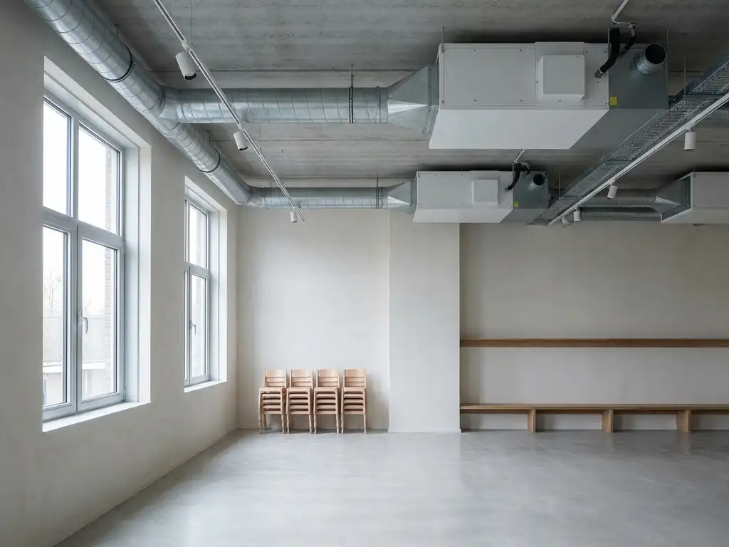 Gerenoveerd Nederlands basisschoollokaal met zichtbare ventilatiekanalen, nieuwe luchtbehandelingsunits en gestapelde houten stoeltjes op betonnen vloer.