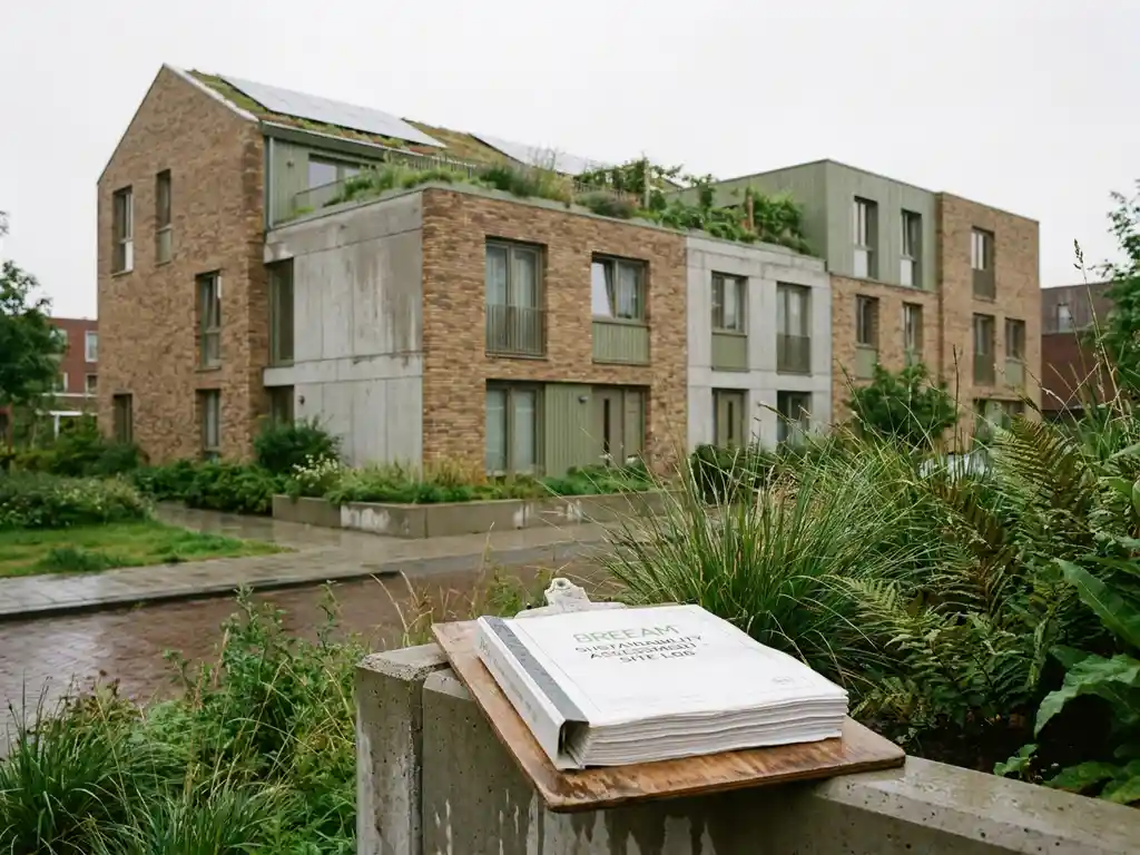 Duurzame Nederlandse sociale woningbouw met groen dak, zonnepanelen en BREEAM-beoordelingsmap op klembord van uitvoerder.