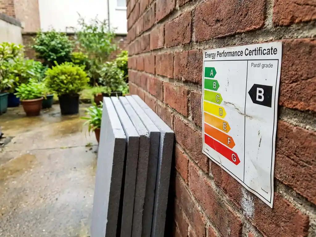 Energielabel certificaat tegen de bakstenen gevel van een Nederlandse sociale huurwoning met isolatiepanelen en groene binnenplaats.