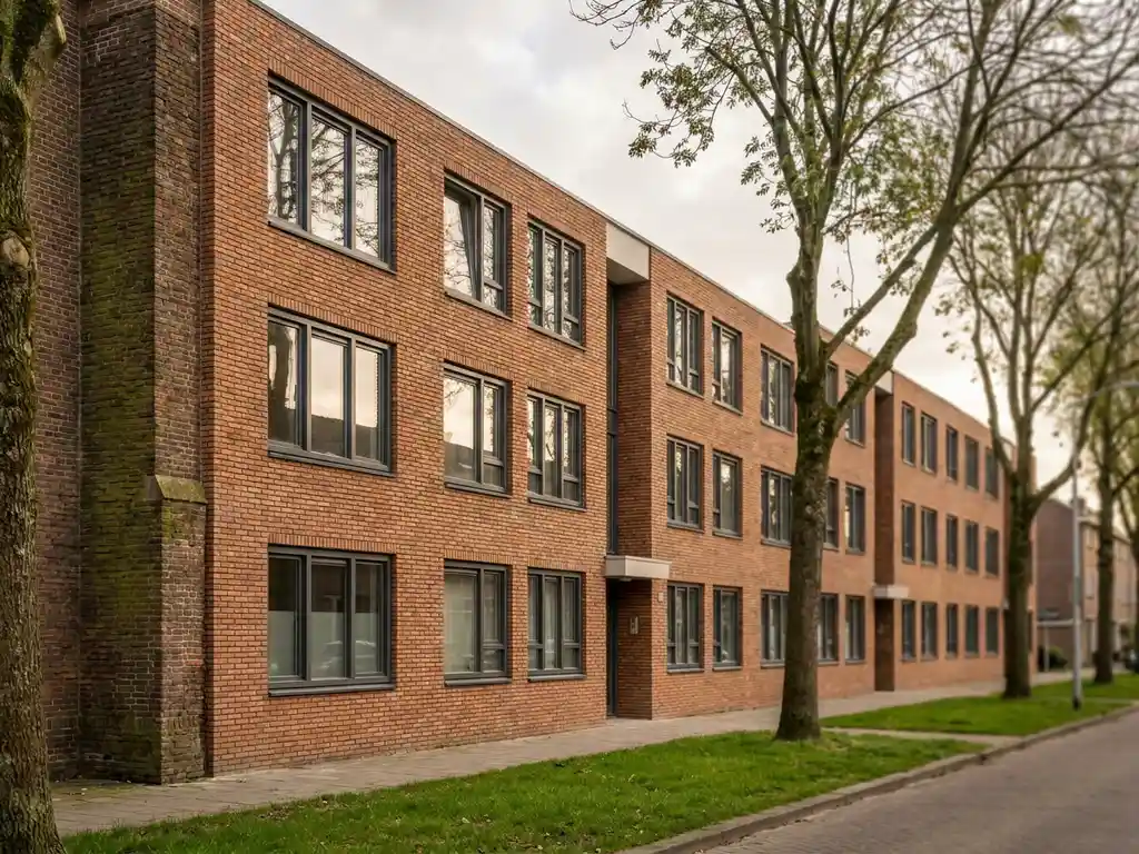 Gerenoveerde Nederlandse bakstenen appartementsgevel met nieuwe kozijnen, omgeven door volwassen bomen en groenstrook.