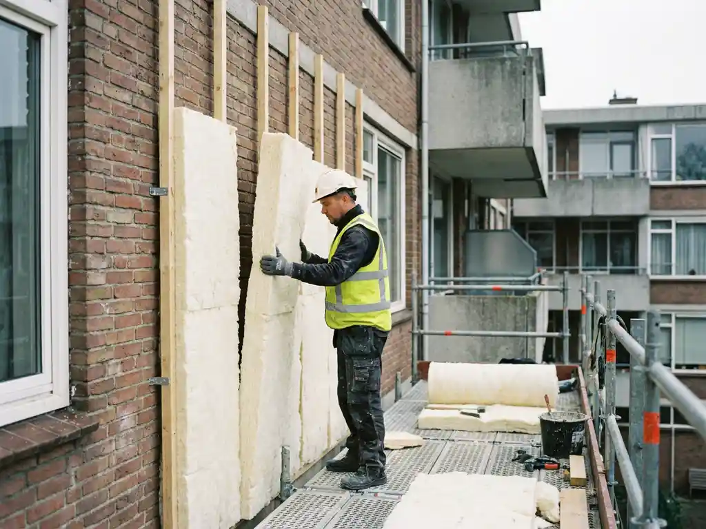 Bouwvakker installeert minerale wol isolatiepanelen op bakstenen gevel van Nederlandse sociale huurwoning op steiger.