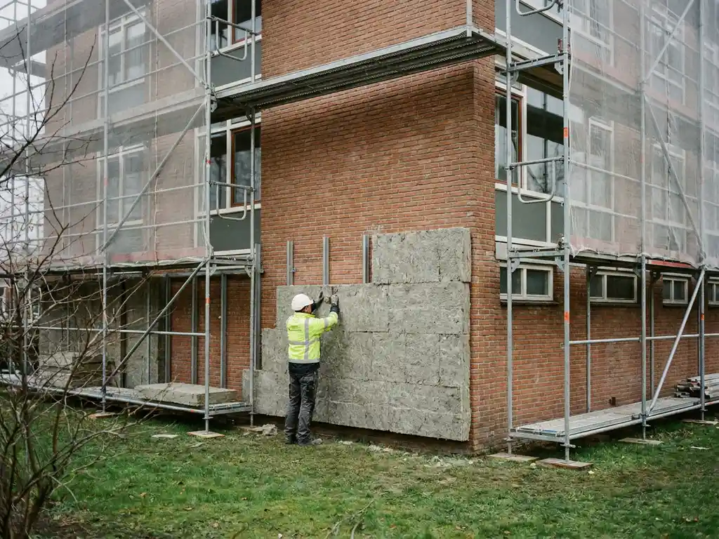 Bouwvakker monteert mineraalwol isolatiepanelen op de bakstenen gevel van een jaren 70 sociale huurflat in Nederland.