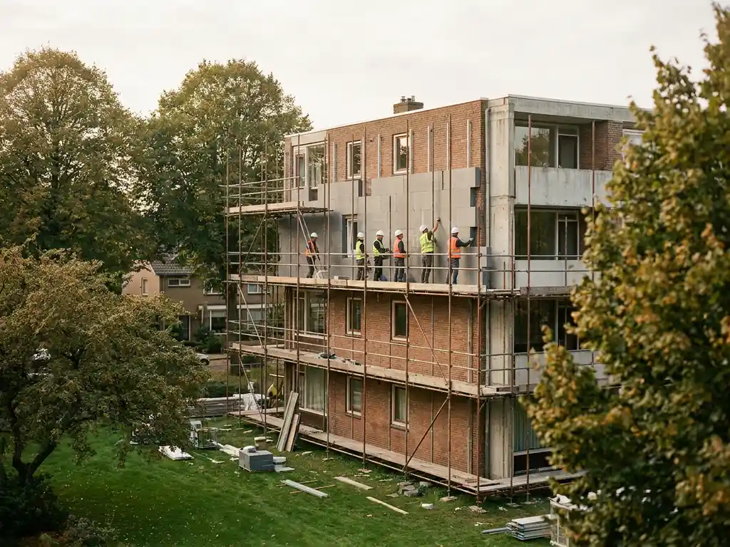 Woning in renovatie met steigers en isolatiepanelen op bakstenen gevel, omgeven door bomen en groen gazon.