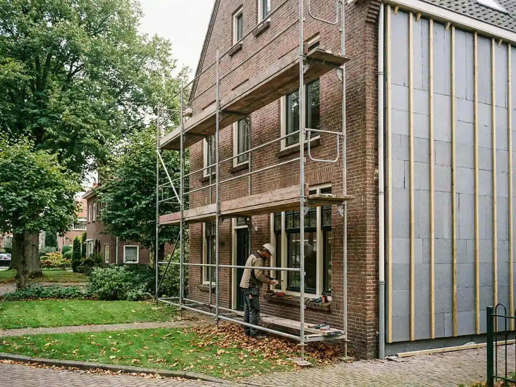 Vakman inspecteert gevelisolatie op steigers bij renovatie van Nederlandse bakstenen woning, omgeven door volwassen bomen.