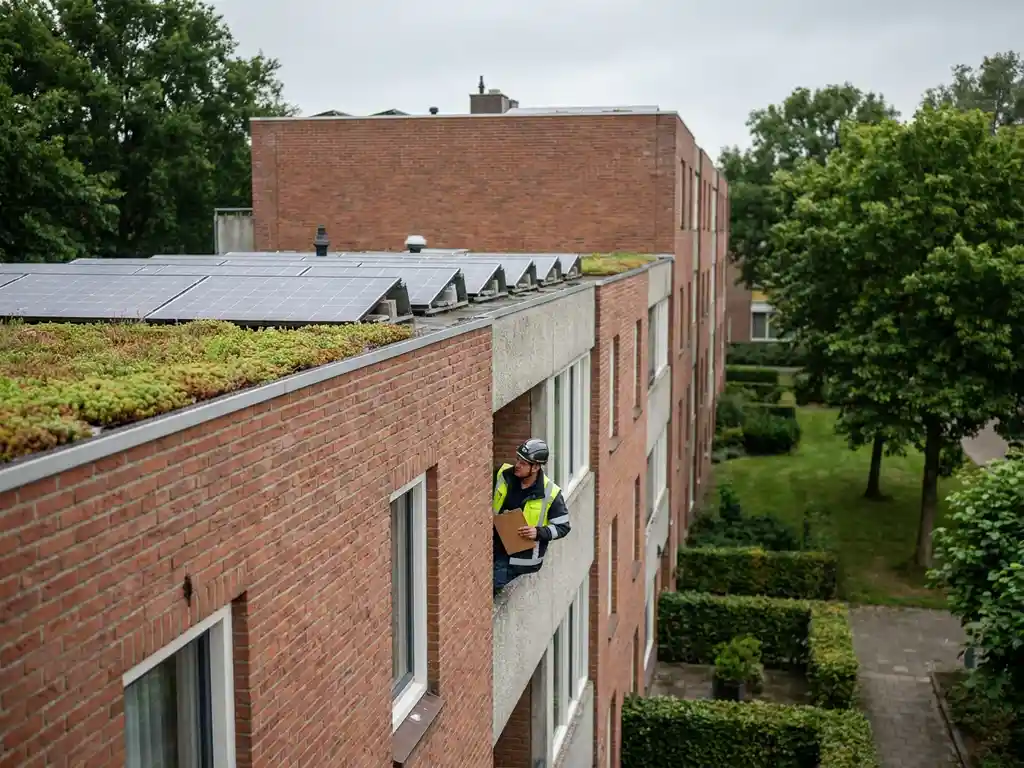 Inspecteur met klembord onderzoekt gevel van Nederlandse sociale huurwoning met zonnepanelen en sedumdak.