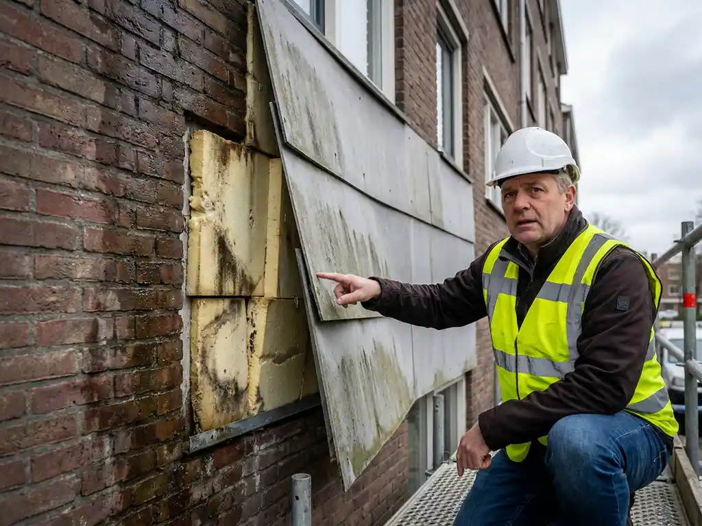 Bouwkundige inspecteur onderzoekt verkeerd geplaatste isolatiepanelen met vochtschade op gevel van Nederlandse sociale huurwoning.