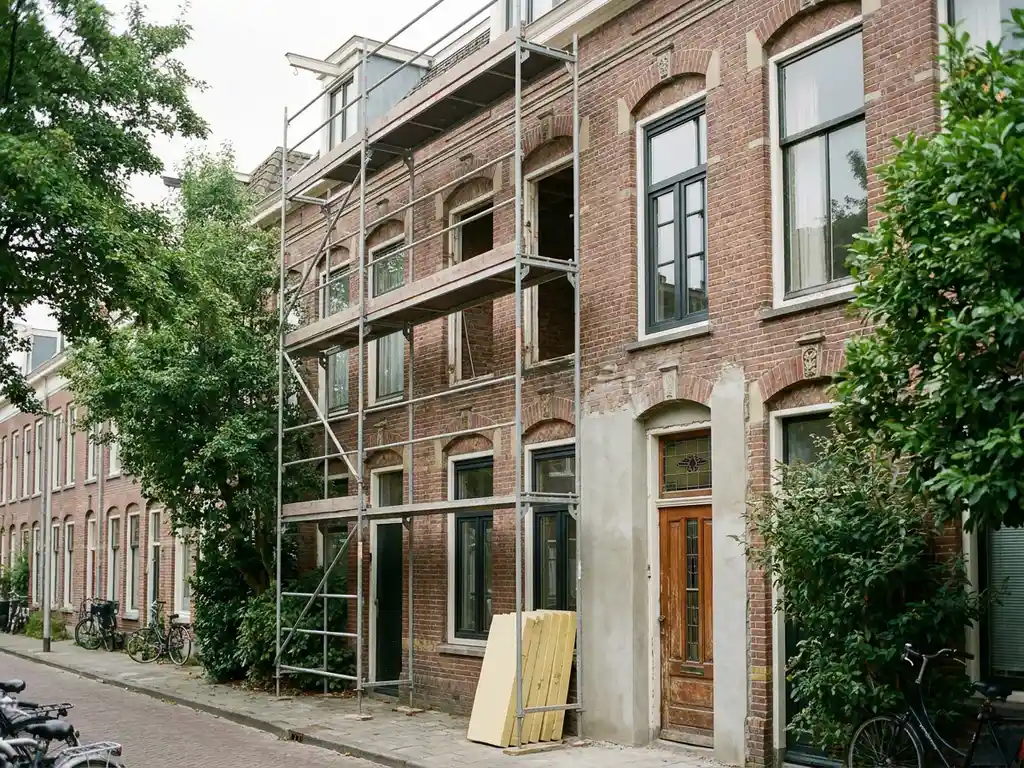 Jaren '30 rijtjeswoning in renovatie met steigers, gedeeltelijk vervangen gevelramen en isolatiepanelen naast origineel metselwerk.