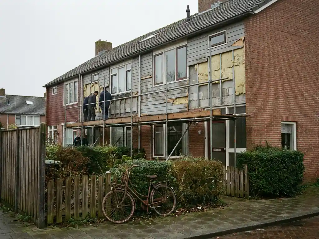 Jaren 70 Nederlandse rijtjeswoning in renovatie met steigers, zichtbare isolatie onder gestripte gevel en fiets tegen het hek.