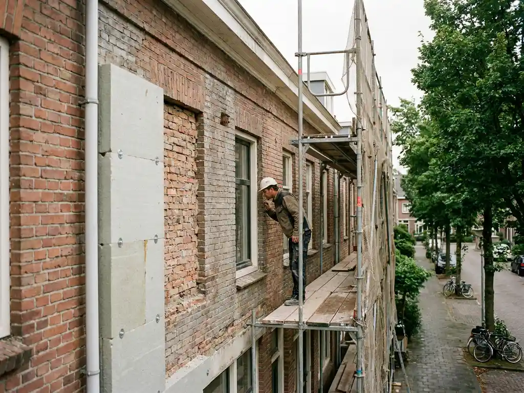 Bouwvakker inspecteert buitenmuur van Nederlandse bakstenen rijtjeswoning in renovatie, met steiger en nieuw isolatiemateriaal naast verweerd metselwerk.