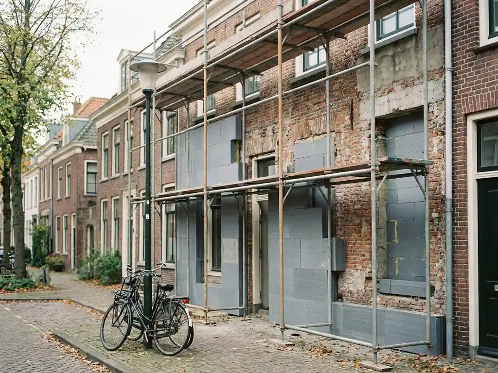 Nederlandse rijtjeswoning in renovatie met steigers, gedeeltelijk geplaatste isolatiepanelen naast origineel metselwerk, fietsen en bomen op de achtergrond.