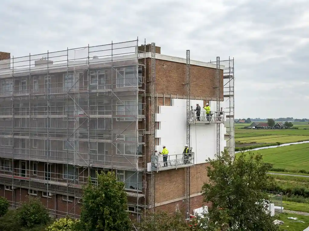Renovatie van een Nederlandse galerijflat met steigers en arbeiders die gevelisolatie aanbrengen op roodbruine bakstenen sociale huurwoning.