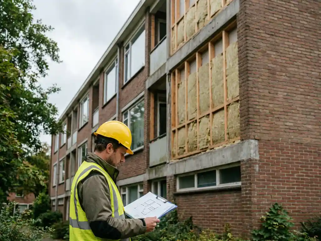 Bouwadviseur met helm controleert isolatiespecificaties bij gerenoveerde Nederlandse sociale huurwoning met zichtbare isolatielagen in bakstenen gevel.