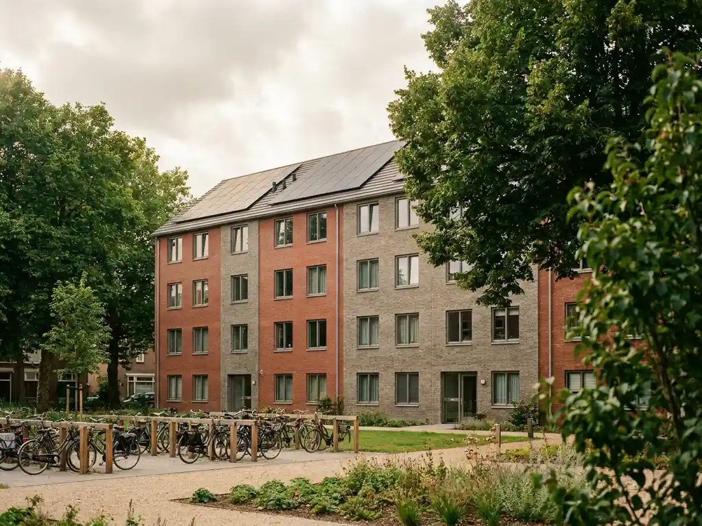 Gerenoveerd Nederlands sociale huurwoningblok met gevelisolatie en zonnepanelen op het dak, omringd door groen en fietsenrekken.