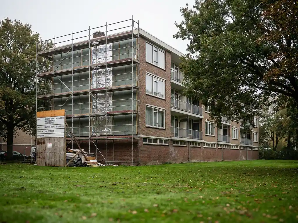 1970s galerijflat in renovatie met steigers, gedeeltelijk geïnstalleerde isolatiepanelen op de bakstenen gevel en bouwplanning bord op locatie.