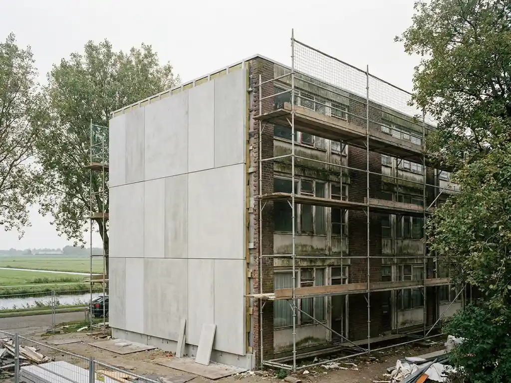 Sociale huurflat in renovatie met nieuwe isolatiepanelen naast origineel verweerd metselwerk, verbonden door steigers in typisch Noord-Nederlands landschap.