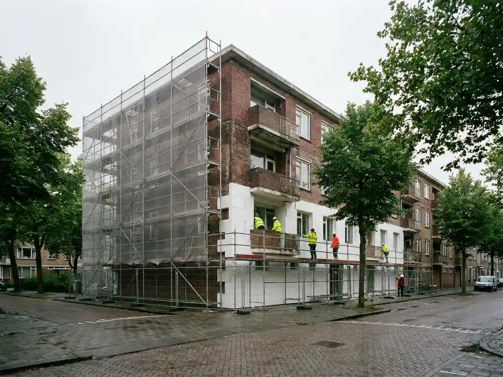 Renovatie van sociale huurwoning in Nederland: arbeiders monteren isolatiepanelen op bakstenen gevel, omgeven door steigers en bewolkte lucht.