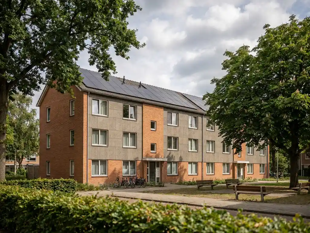 Gerenoveerd Dutch sociale huurflat met gevelisolatie en zonnepanelen op het dak, omgeven door groen en warme bakstenen.