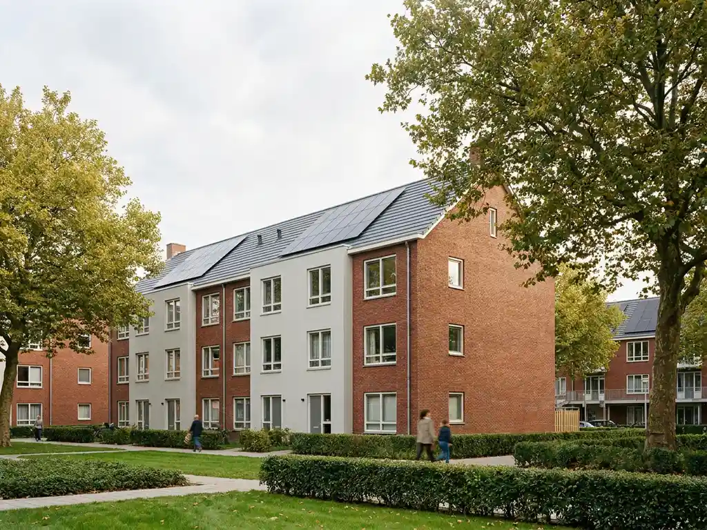 Gerenoveerd Dutch sociale huurwoningblok met buitengevelisolatie, zonnepanelen op het dak en groen binnenplein in zacht daglicht.