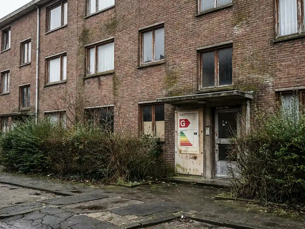 Verouderd Nederlands sociale huurflat met verweerde bakstenen gevel, enkel glas en een laag energielabel bij de ingang.