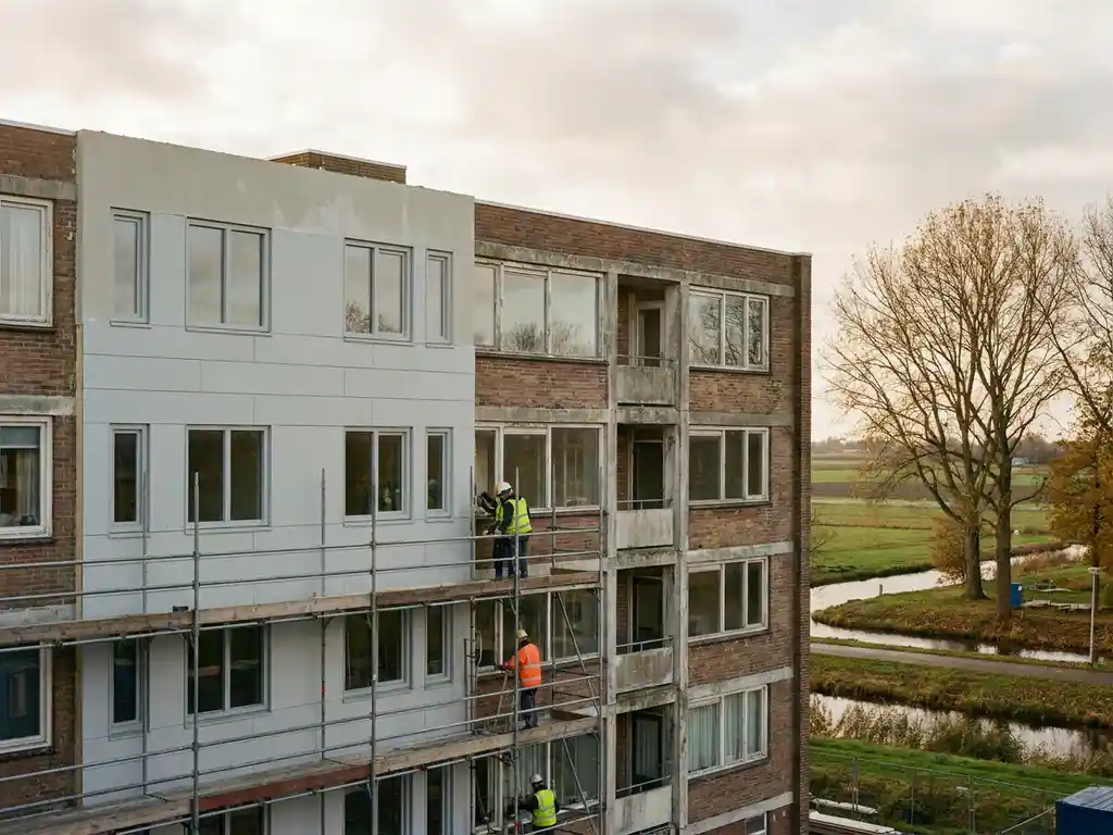 Sociale huurflat in Noord-Nederland halverwege isolatierenovatie, met nieuw gevelbekleding naast verweerde rode baksteen, arbeiders op steiger.