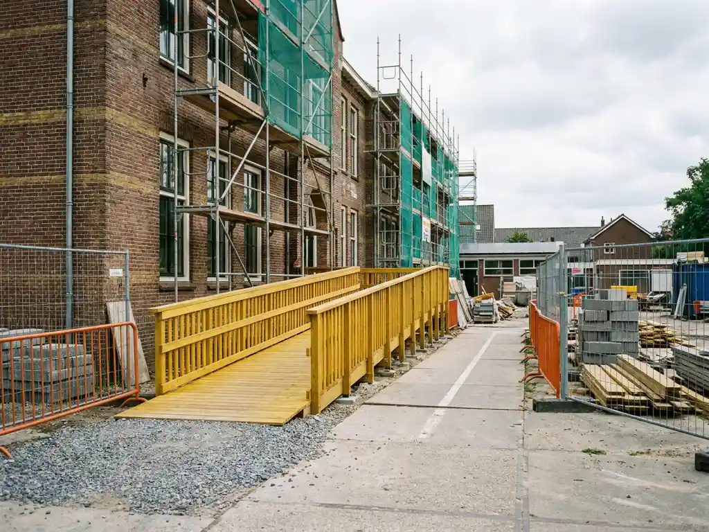 Tijdelijke houten toegankelijkheidsramp bij ingang van Nederlandse basisschool tijdens renovatie, met steigers langs de bakstenen gevel.