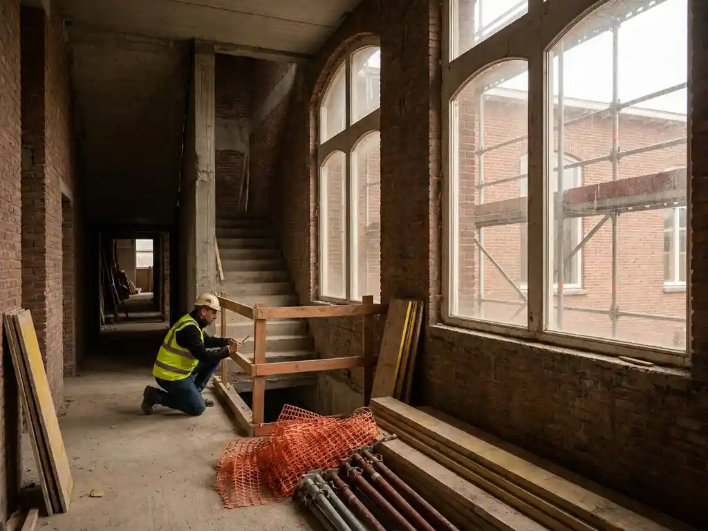 Veiligheidsinspecteur in geel hesje inspecteert betonnen trappenhuis van gerenoveerde Nederlandse school met steigers langs bakstenen gevel.