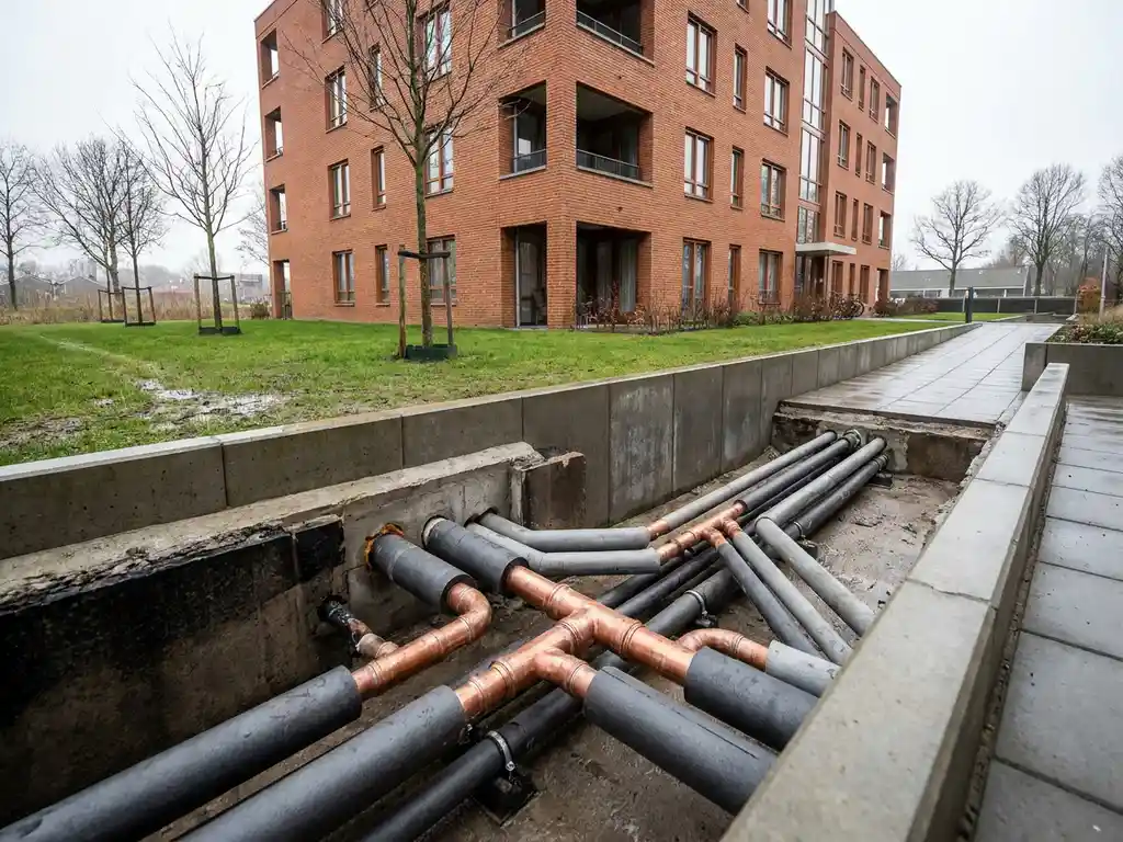 Ondergrondse leidingen met koperen fittingen in dwarsdoorsnede onder een Nederlands sociale woningbouwcomplex, omgeven door groen gazon en kale bomen.
