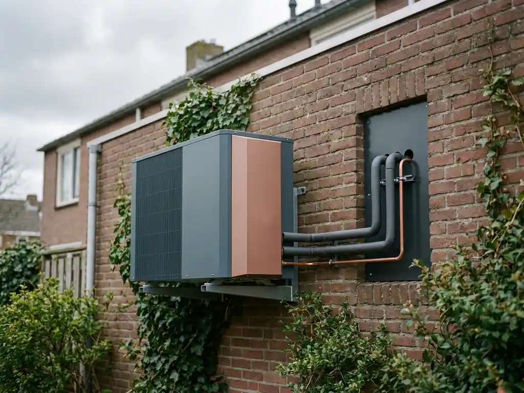 Warmtepomp op bakstenen buitenmuur van Nederlandse sociale huurwoning, met koperen leidingen en geïsoleerde buizen langs gerenoveerde gevel.