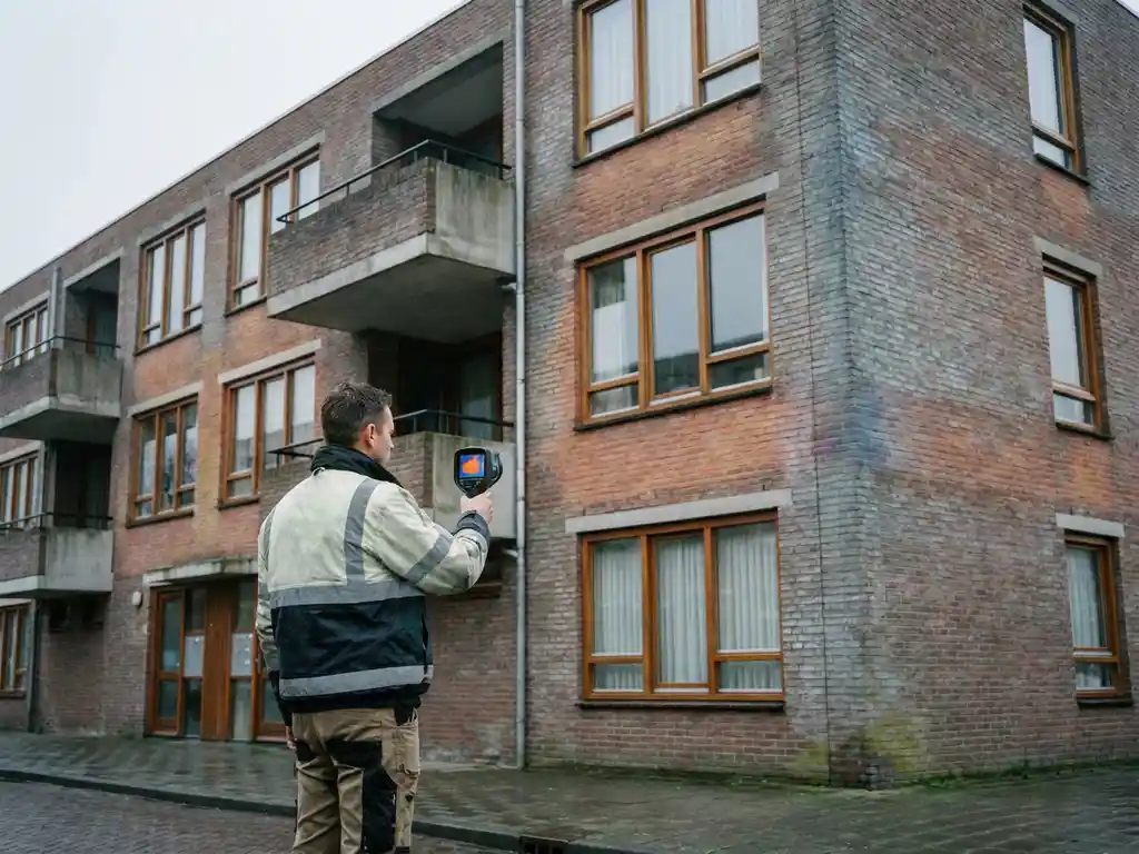 Woninginspecteur richt thermische camera op bakstenen gevel van Nederlandse sociale huurwoning om warmteverlies te meten.