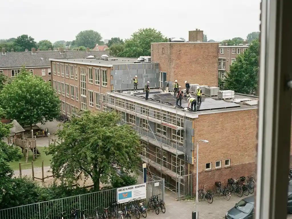 Arbeiders installeren zonnepanelen op het platte dak van een Nederlandse basisschool in renovatie, met nieuwe isolatiebekleding op de bakstenen gevel.