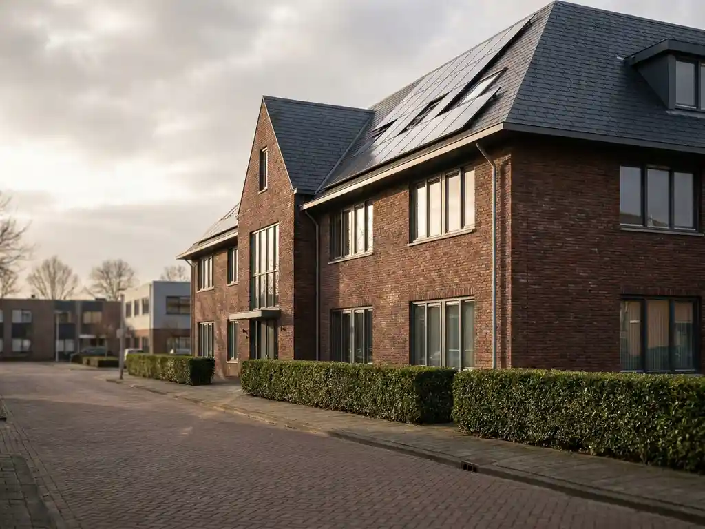 Zonnepanelen op het schuin dak van een rood bakstenen bedrijfspand in Noord-Nederland, omzoomd door een groene haag.