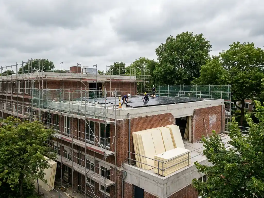 Commercieel gebouw in Nederland tijdens renovatie met zonnepanelen op plat dak, isolatieplaten tegen bakstenen gevel en steigers.