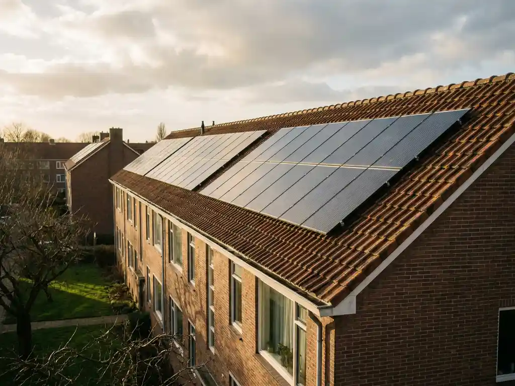 Zonnepanelen op het pannendak van een Nederlandse sociale huurwoning, met bakstenen gevels, kale bomen en groen gazon op de achtergrond.