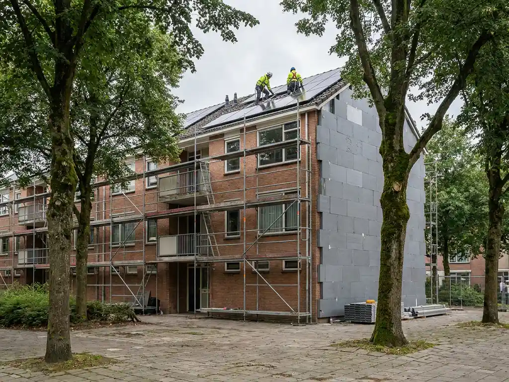 Arbeiders in veiligheidsuitrusting installeren zonnepanelen op een Nederlandse sociale huurflat met bakstenen gevel en nieuwe isolatiepanelen.